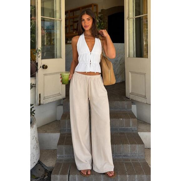 Vanilla Star Pants - Vanilla Star Linen Blend Wide Leg Pull On Pants Beige Womens Small Casual
